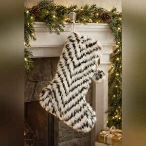 Frontgate Faux Fur Christmas Stocking | Luxury Black & White | New